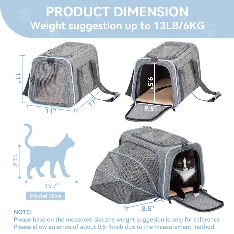 Petsfit Expandable Cat Carrier Dog Carriers,Airline Approved Soft-Sided Portable Pet Travel Washable Carrier for Kittens,Puppies,Removable Soft Plush mat and Pockets,Locking Safety Zippers - Image 2